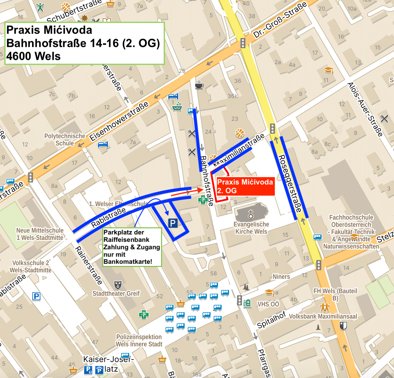 Lageplan der Praxis Mićivoda in der Bahnhofstraße 16 in Wels, mit eingezeichneten Parkmöglichkeiten